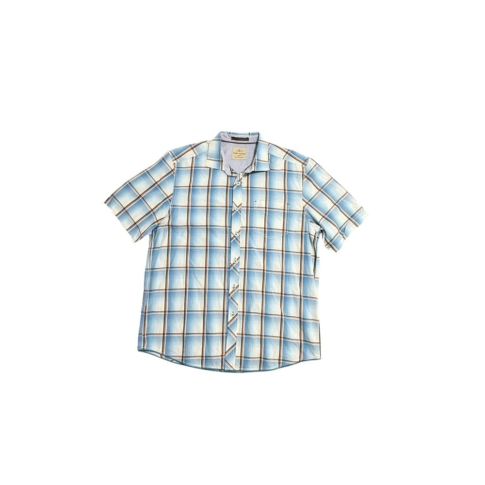 Tommy Bahama Shirt Mens Large Blue Plaid Short Sleeve Button Front Cotton Casual